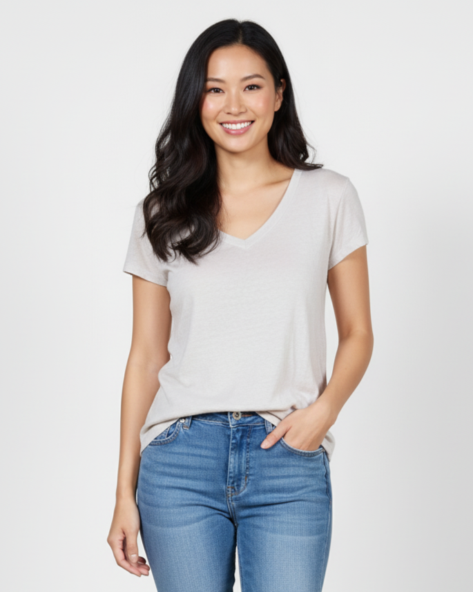 Beige V-Neck Linen T-Shirt