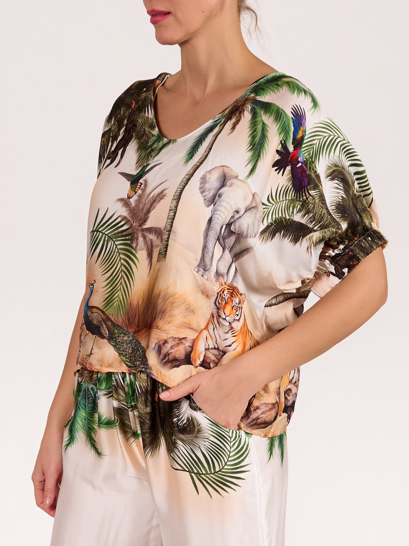 Green Drop Shoulder Satin Jungle Print Top