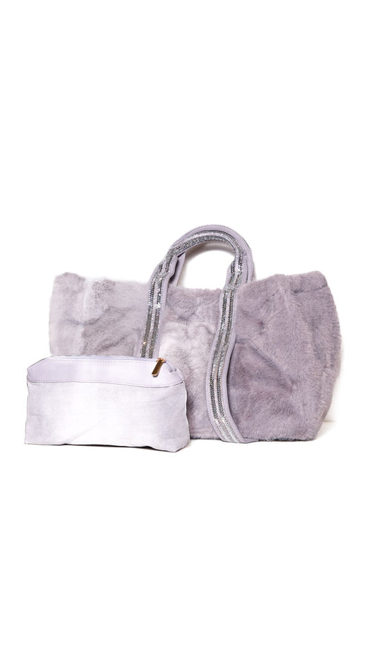 Grey Oversized Faux Fur Tote Bag with Sequin Straps & Matching Pouch