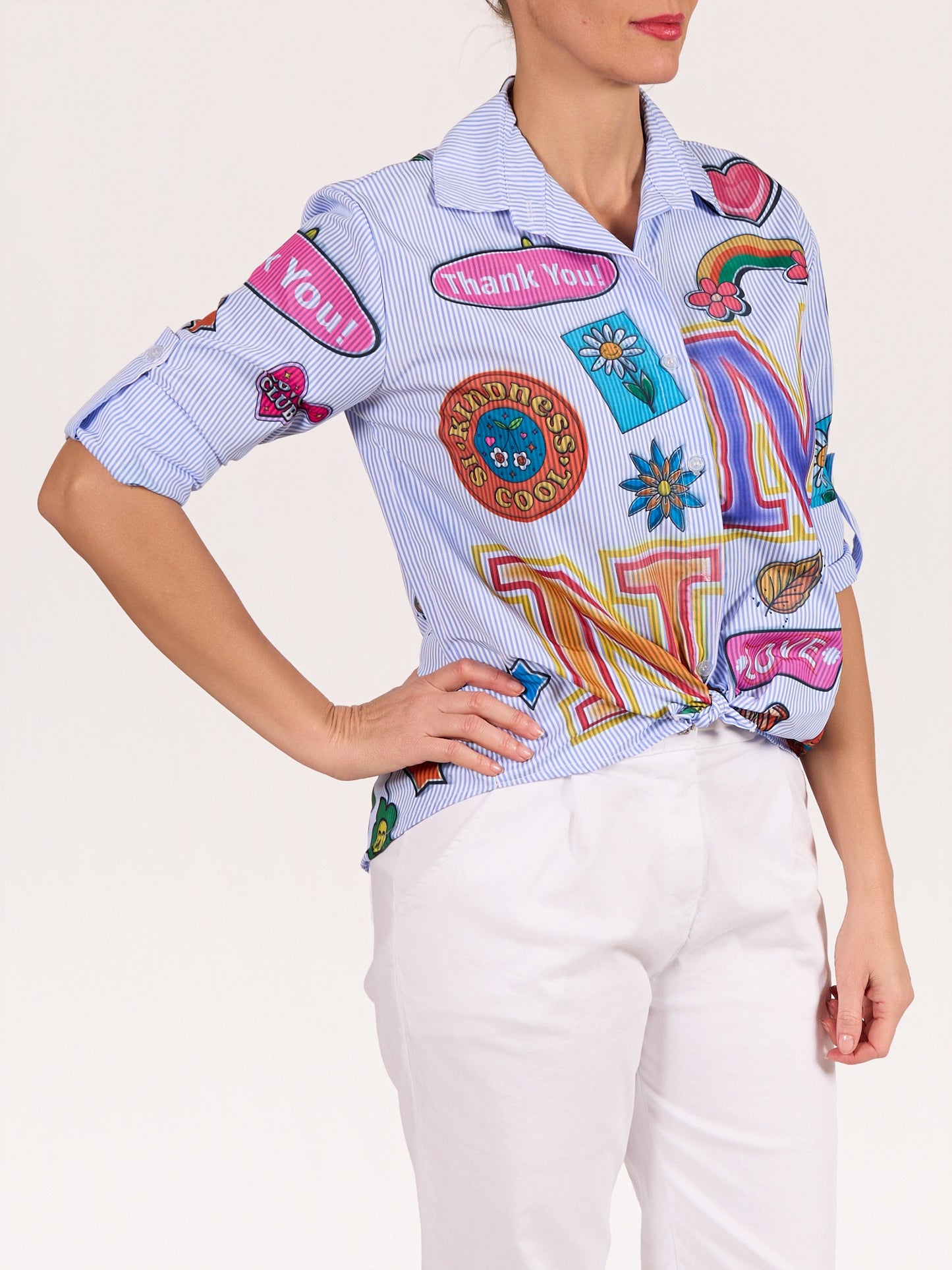 Blue Button Front Hi Low Multi Daisy/Letters Stripe Shirt