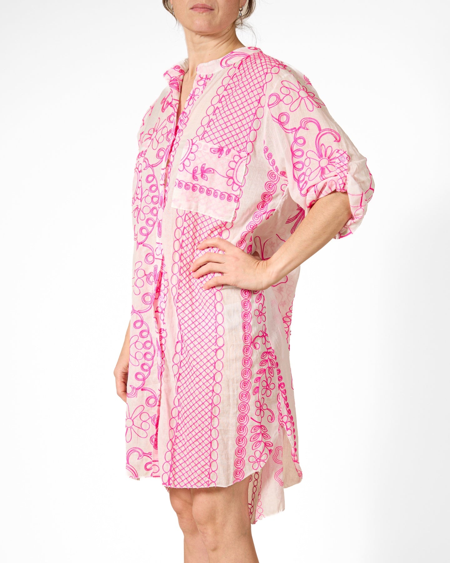 Cherry Button Front Roll Up Sleeve Emb. Top