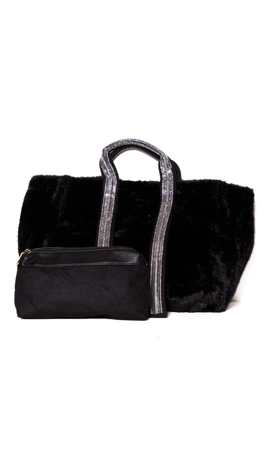 Black Oversized Faux Fur Tote Bag with Sequin Straps & Matching Pouch