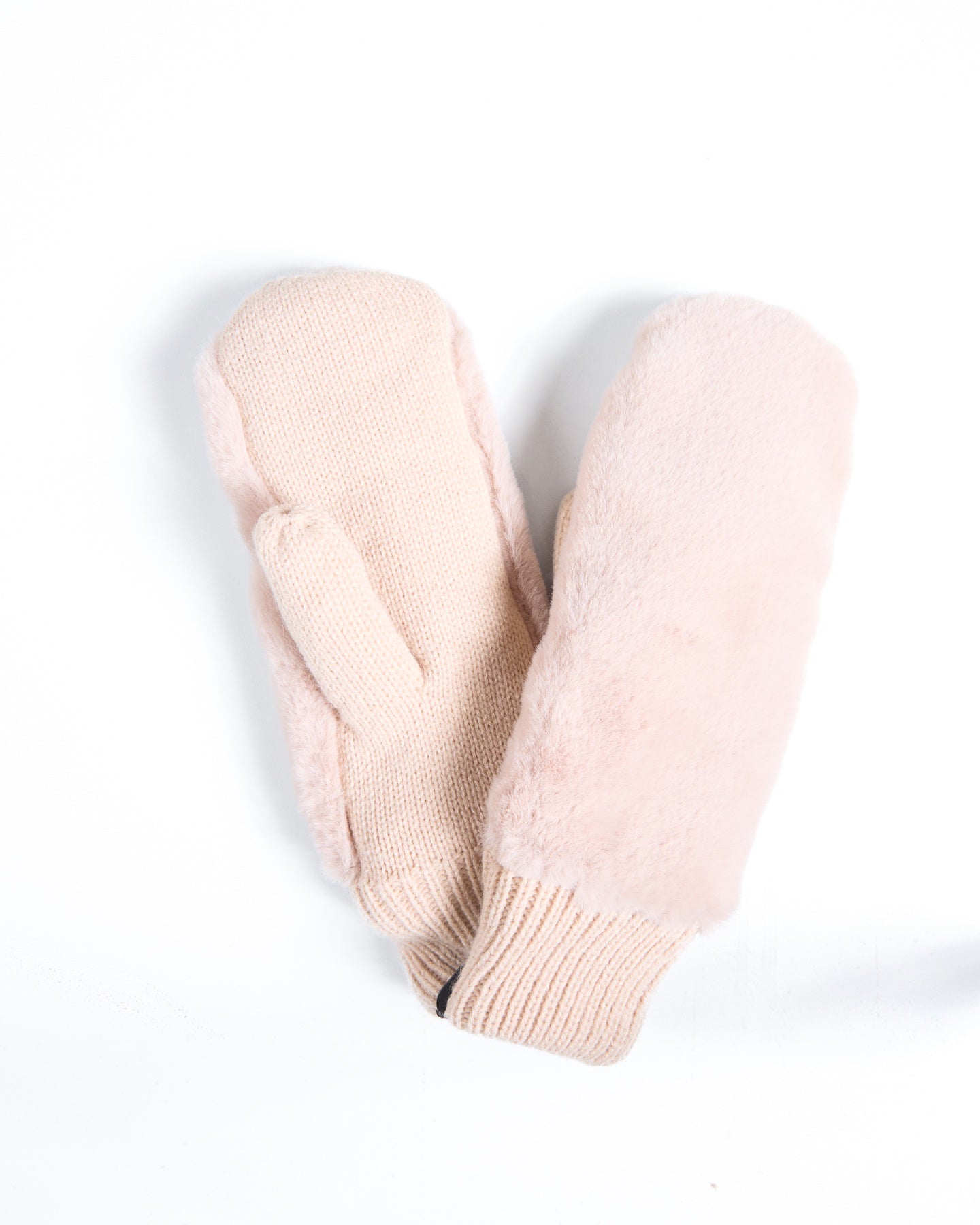 Beige Faux Fur Mittens With Knit Palm And Cuff