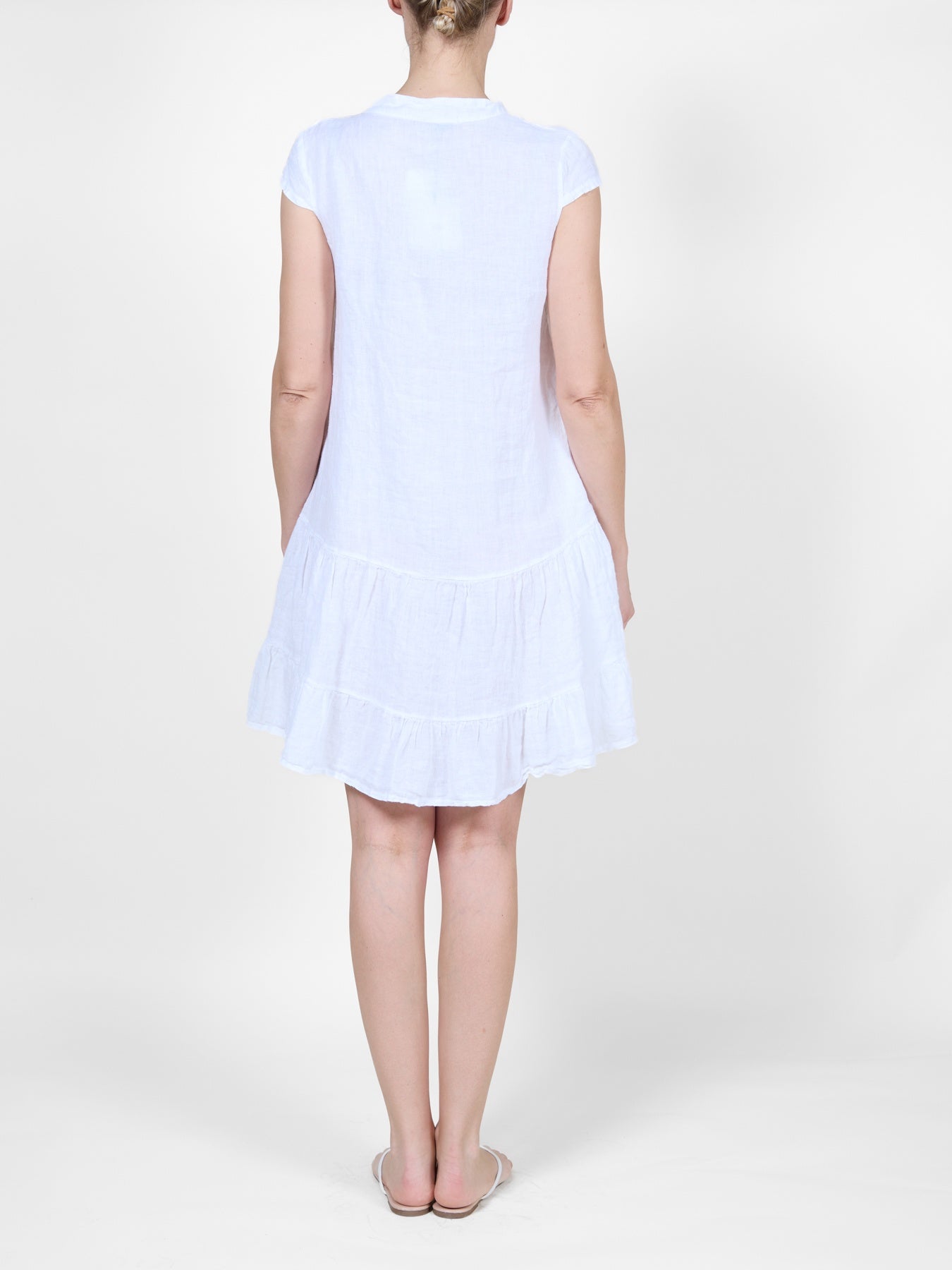 White Placket Front Peasant Cap Sleeve Dress