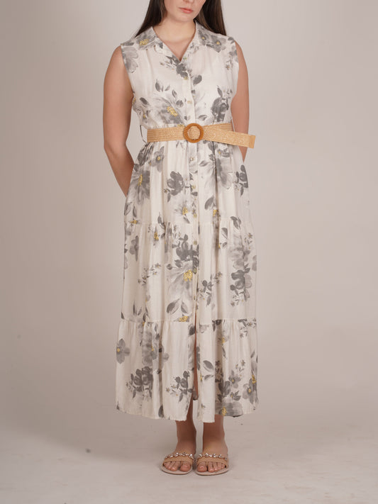 Stone Floral Sleeveless Button-Up Dress with Belt