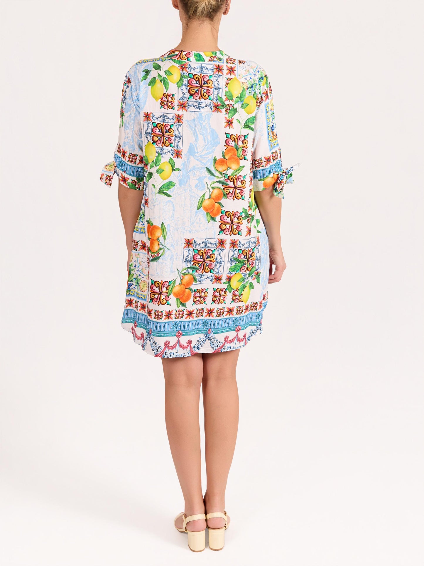 Blue Front Tie Sleeve Oranges & Lemon Print Dress