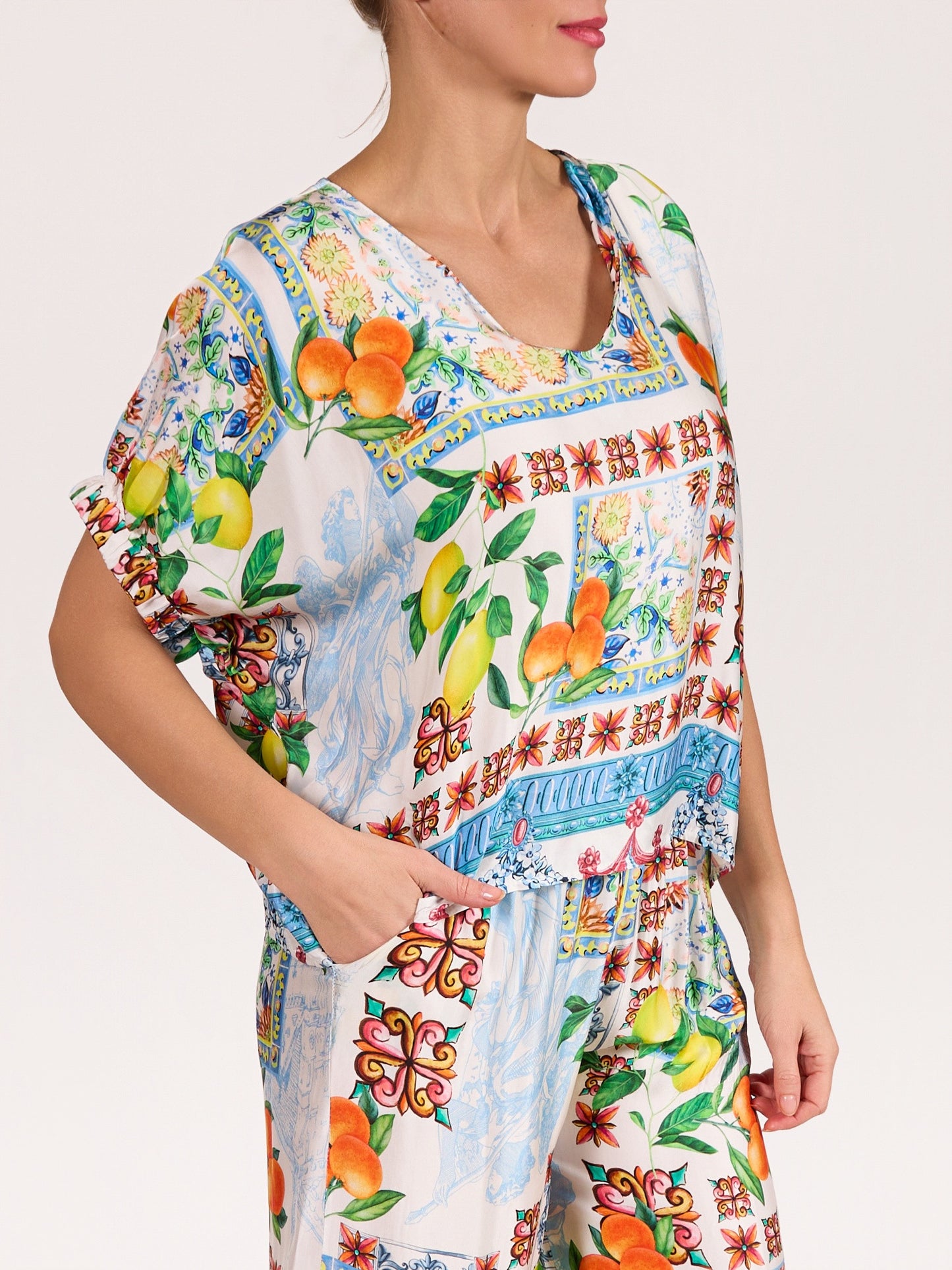 Blue V Neck Blouson Batwing Oranges & Lemon Print Blouse