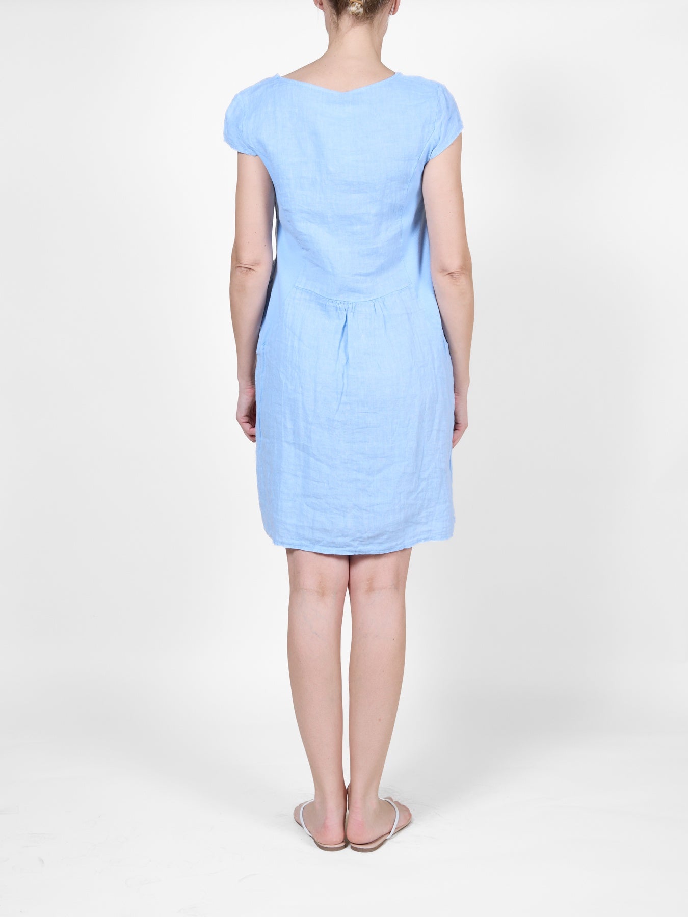 Ocean Blue Linen Dress with Cap Sleeves and Pocket