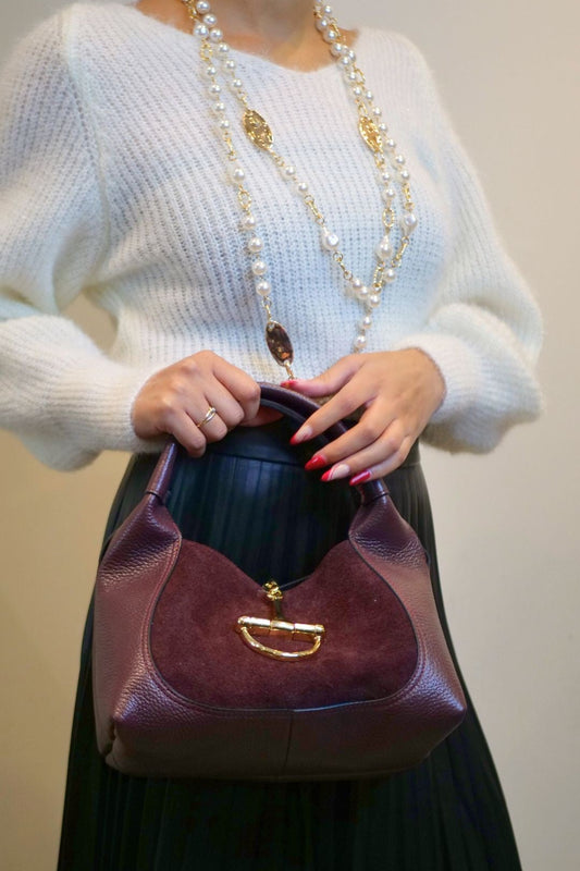 Burgundy Leather Suede Handbag with Gold Detail