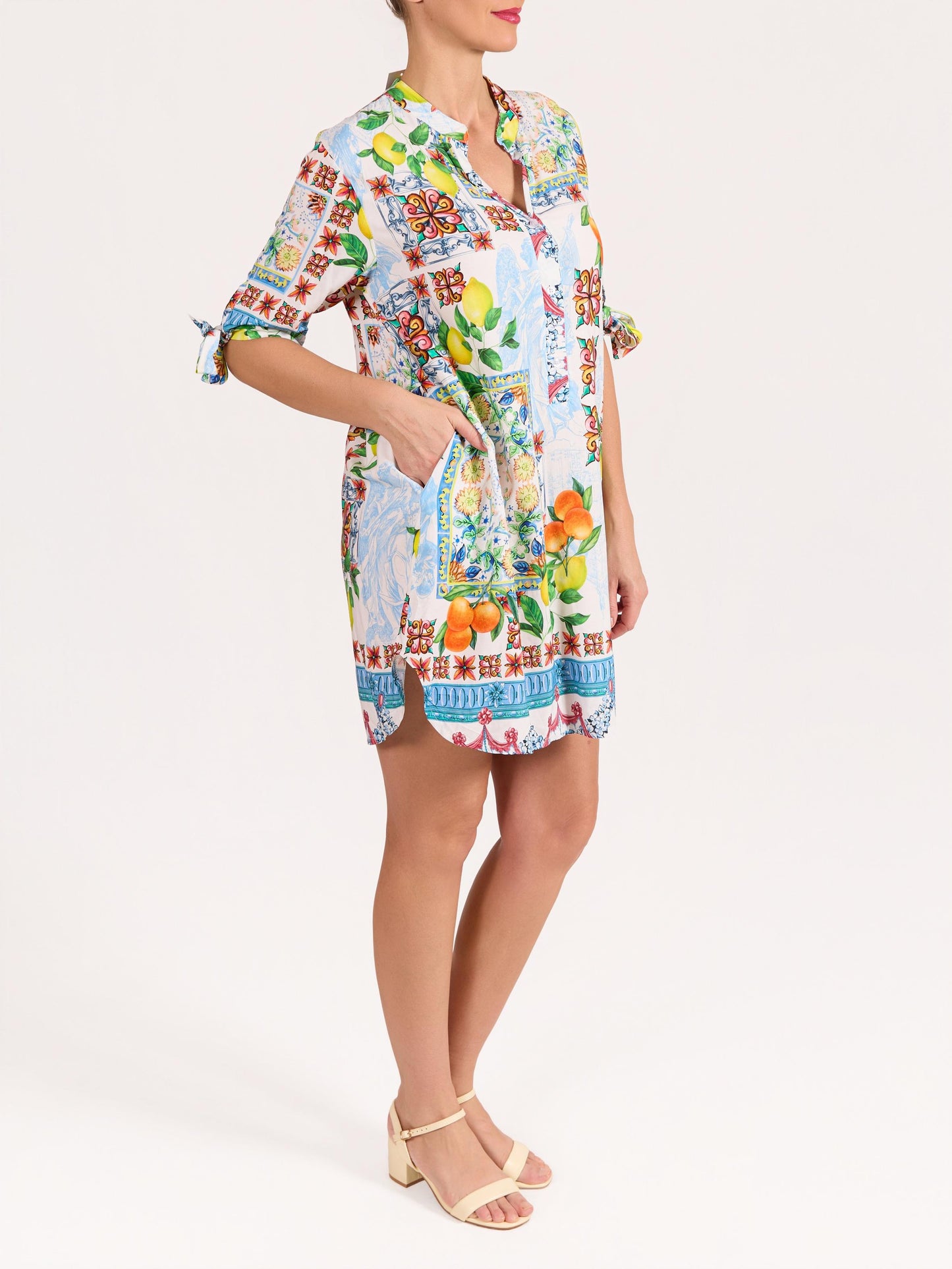 Blue Front Tie Sleeve Oranges & Lemon Print Dress