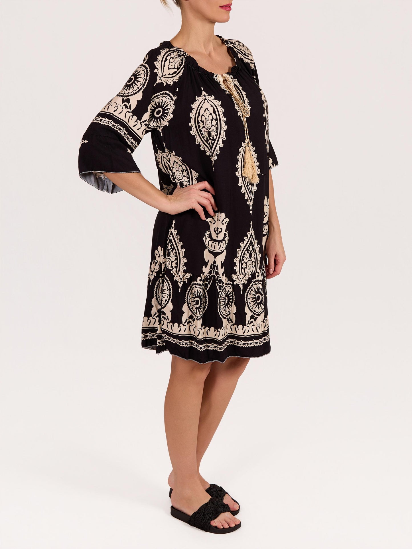 Black Boat Neck Tassel Front Peasant Paisley Dress