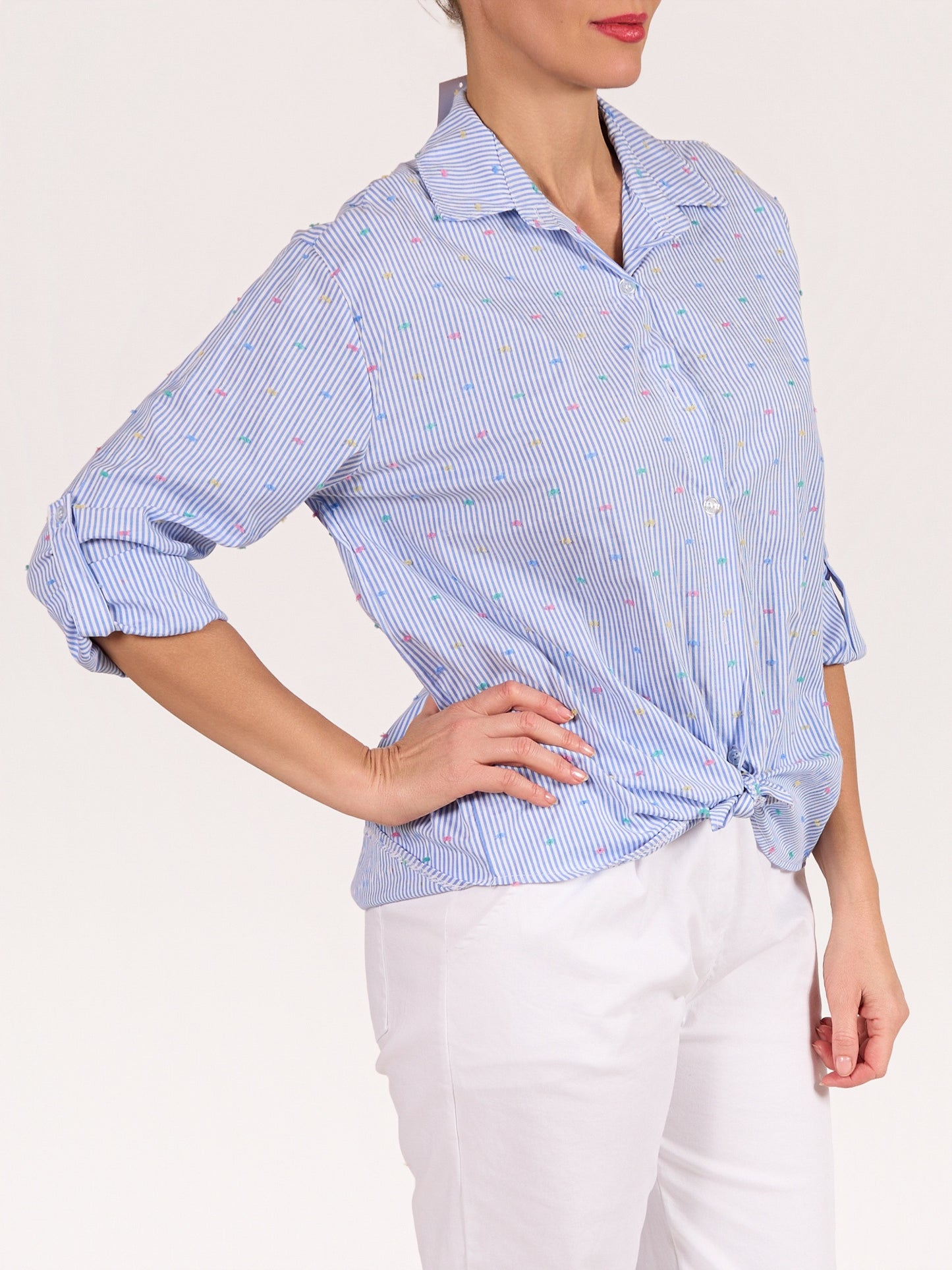 Blue Button Front Hi Low Multi-Thread Stripe Shirt