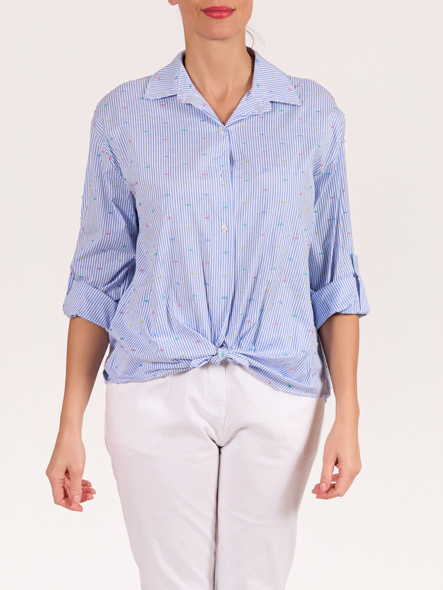 Blue Button Front Hi Low Multi-Thread Stripe Shirt