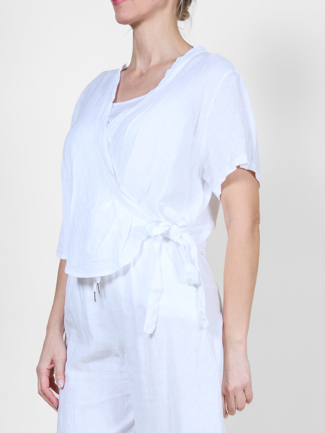 White Short Sleeve Top with Crisscross Tie Detail