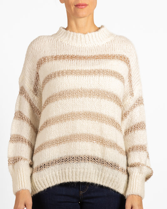 Snow Drop Shoulder Lurex Crochet Stripe Sweater