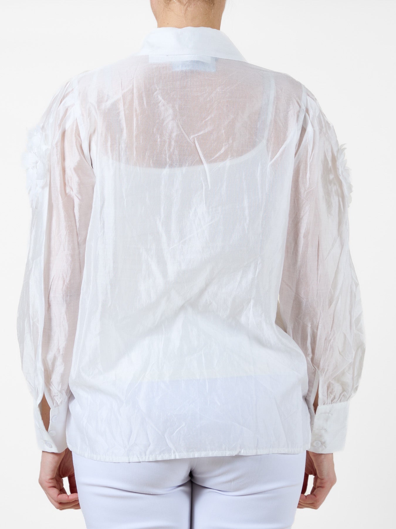 White Button-Up Blouse with Fabric Flower Detailing