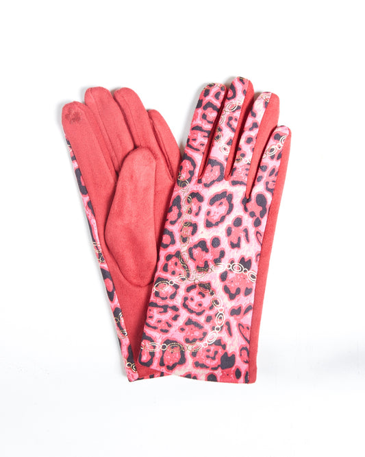 Fuchsia Gloves with Playful Animal Print and Gold Accents