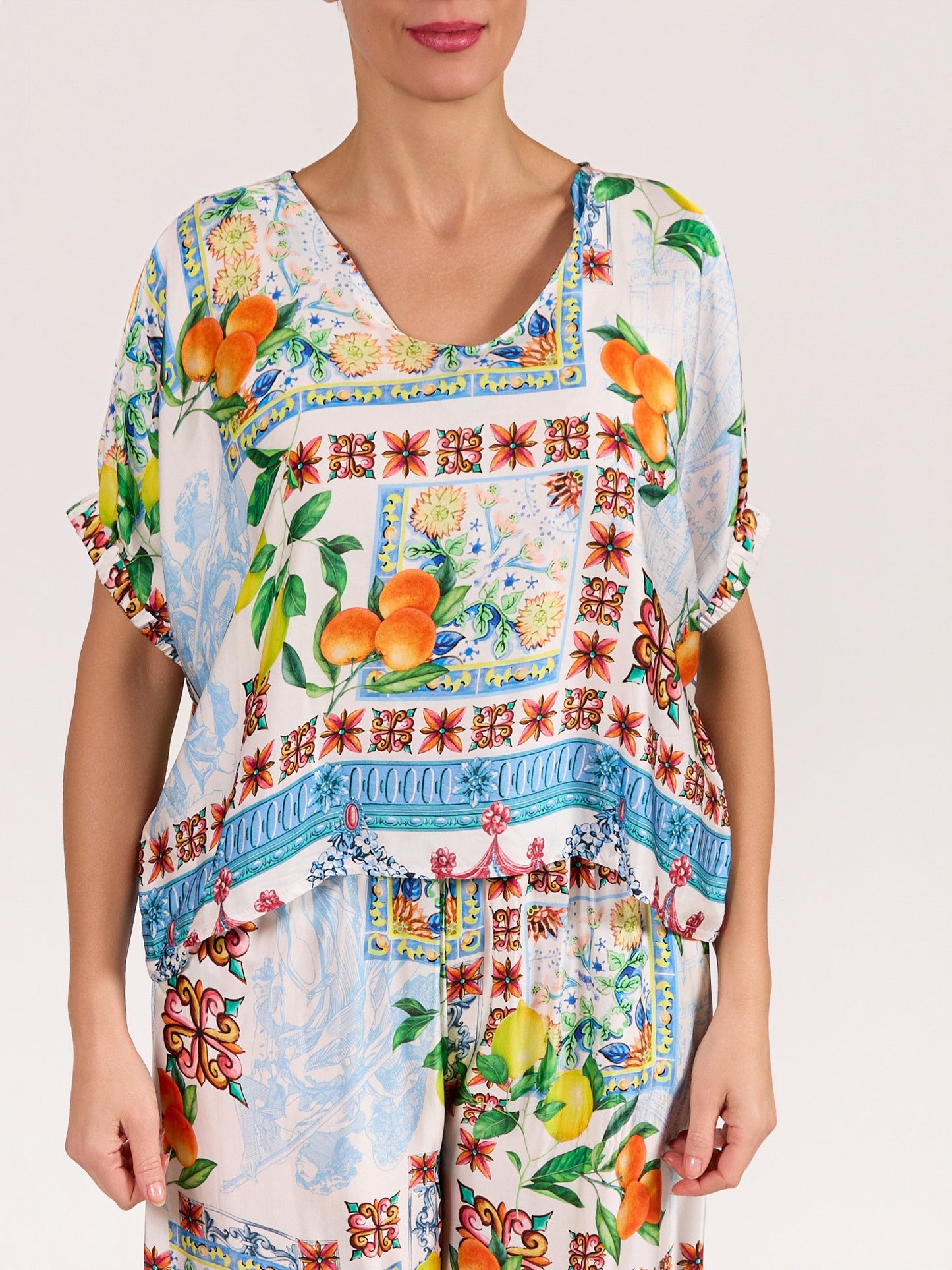 Blue V Neck Blouson Batwing Oranges & Lemon Print Blouse