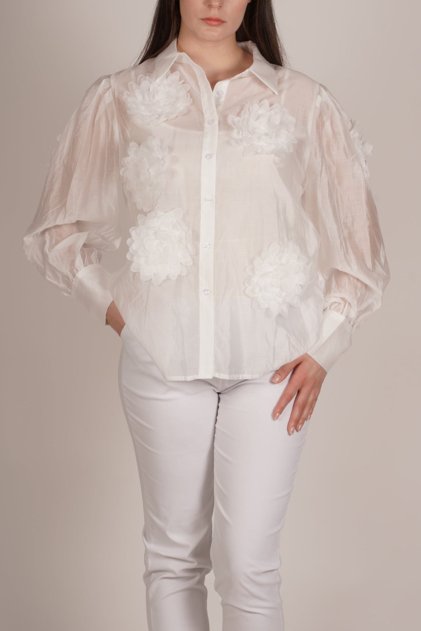 White Button-Up Blouse with Fabric Flower Detailing
