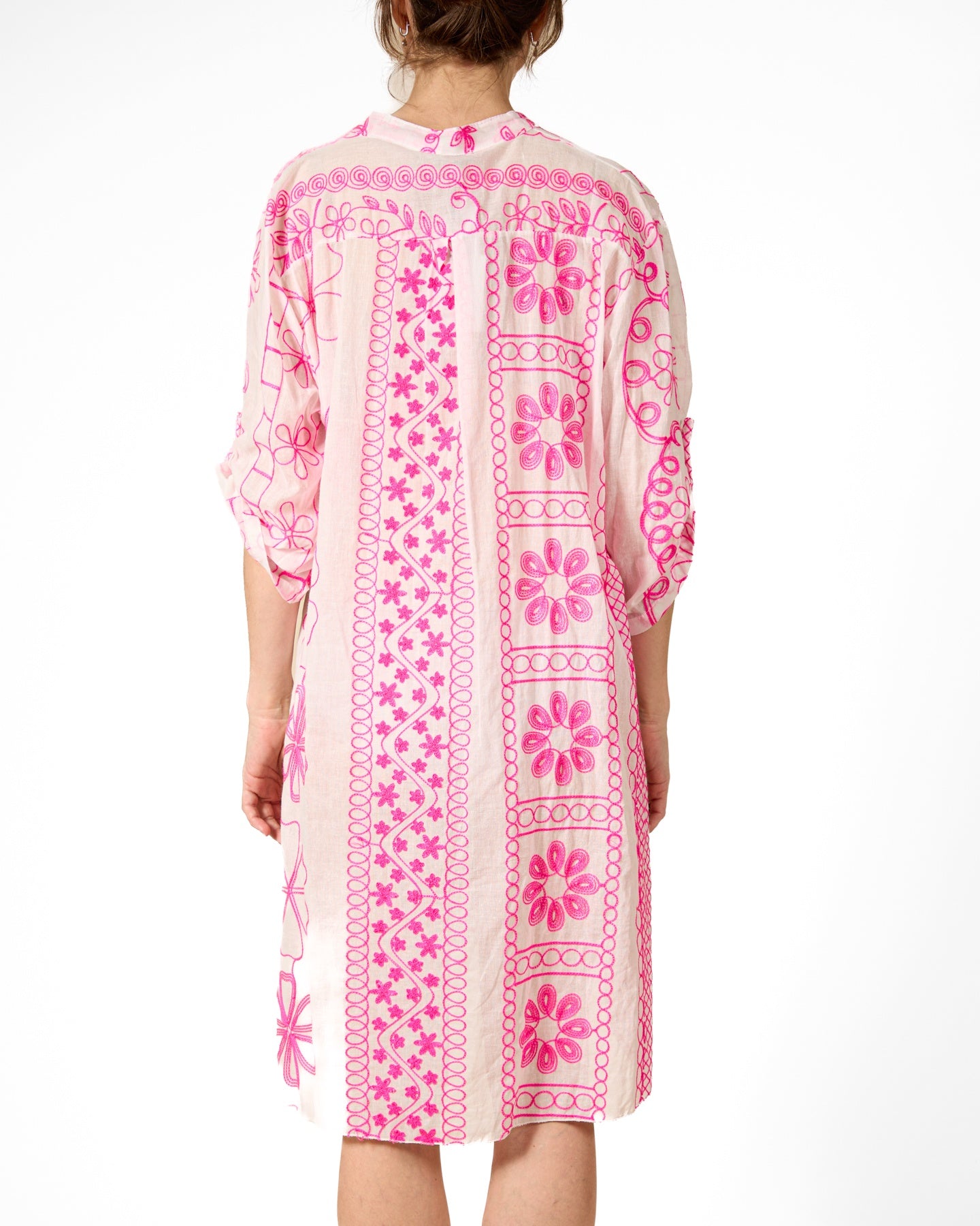 Cherry Button Front Roll Up Sleeve Emb. Top