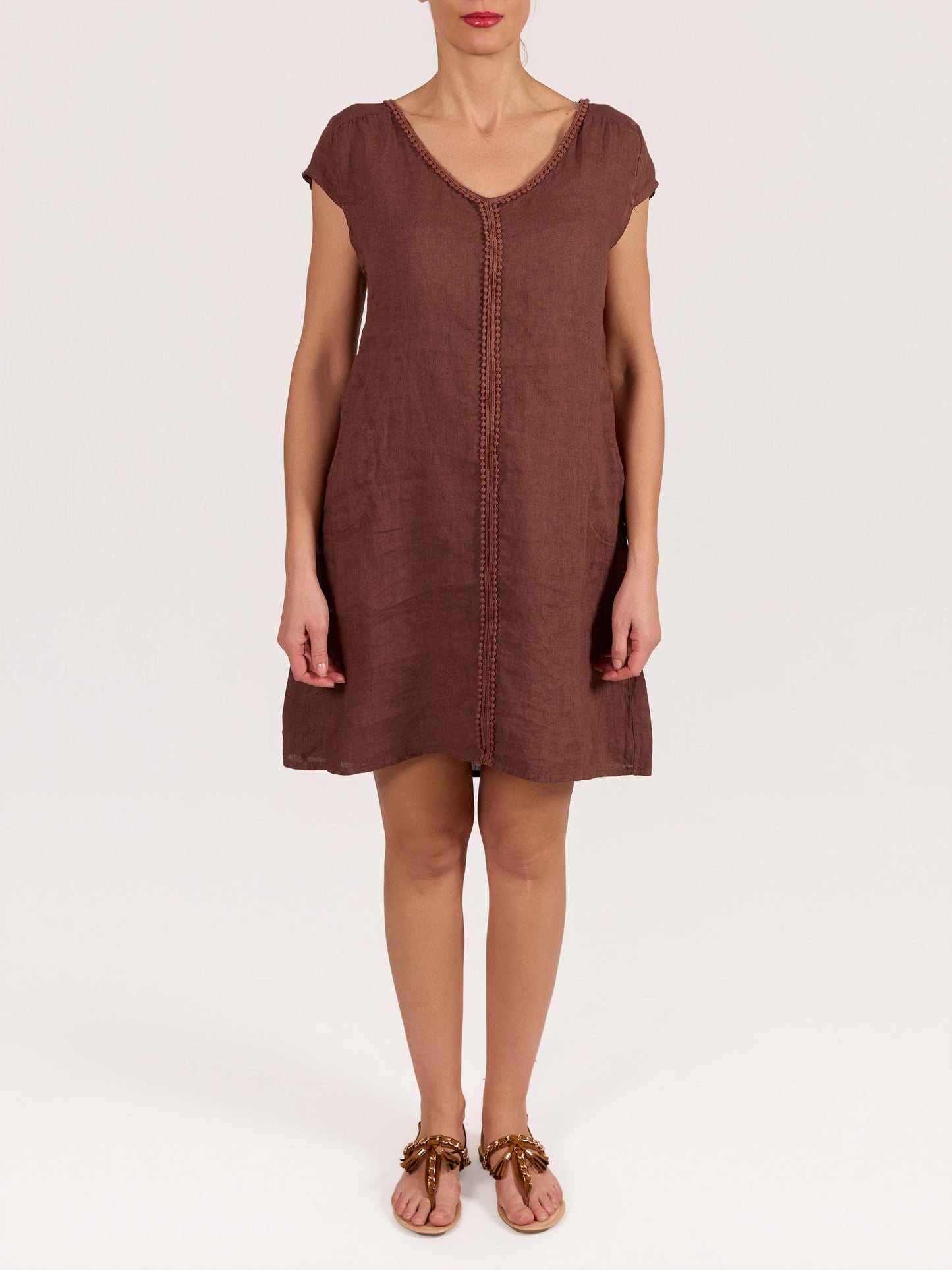 Espresso Cap Sleeve V Neck Trim Detail Dress