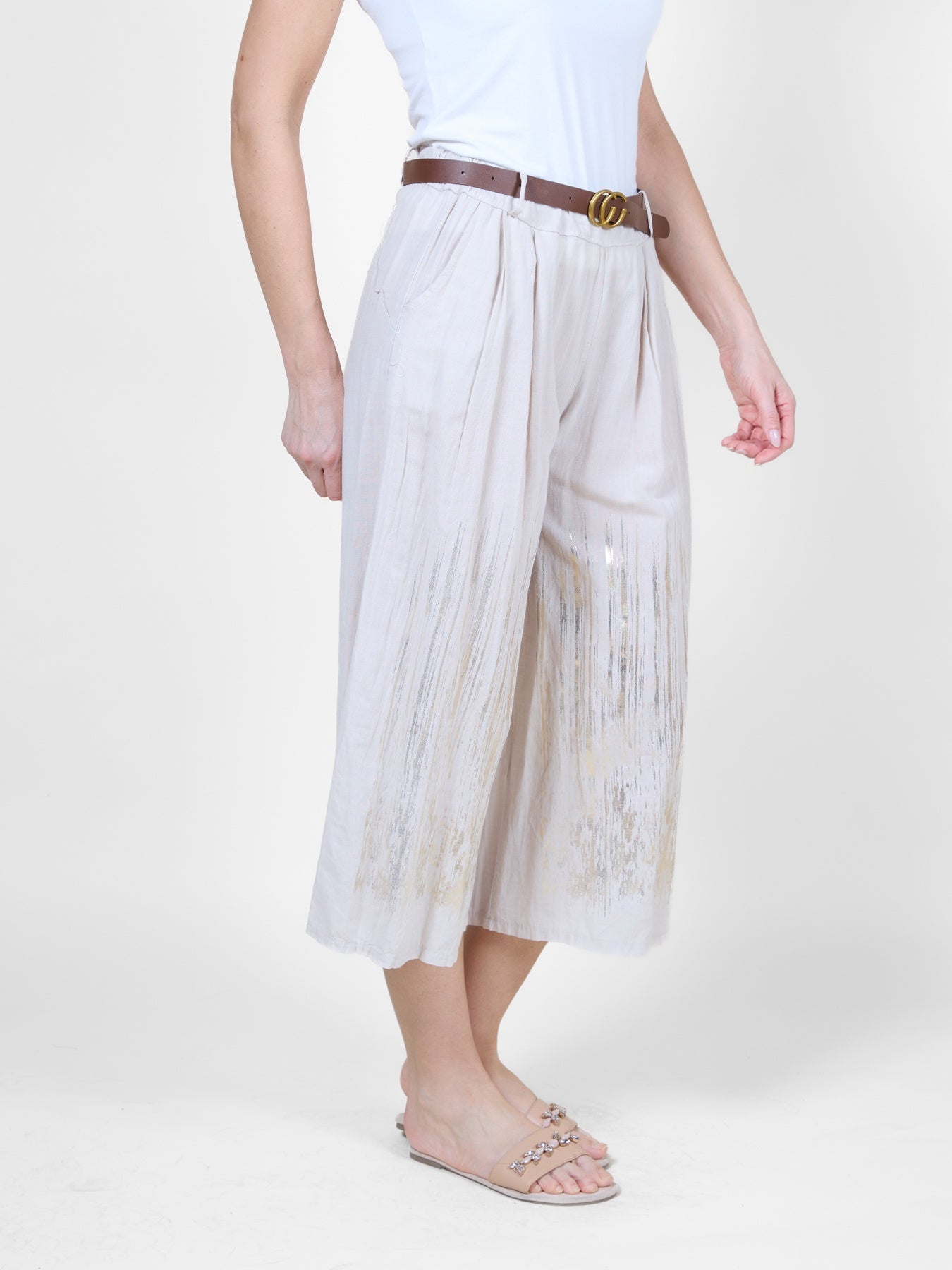 Sand-Colored Capri Flowing Beach Pants with Metallic Gold Marks