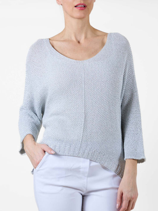 Silver Lurex Pull-On Sweater with 3/4 Sleeves