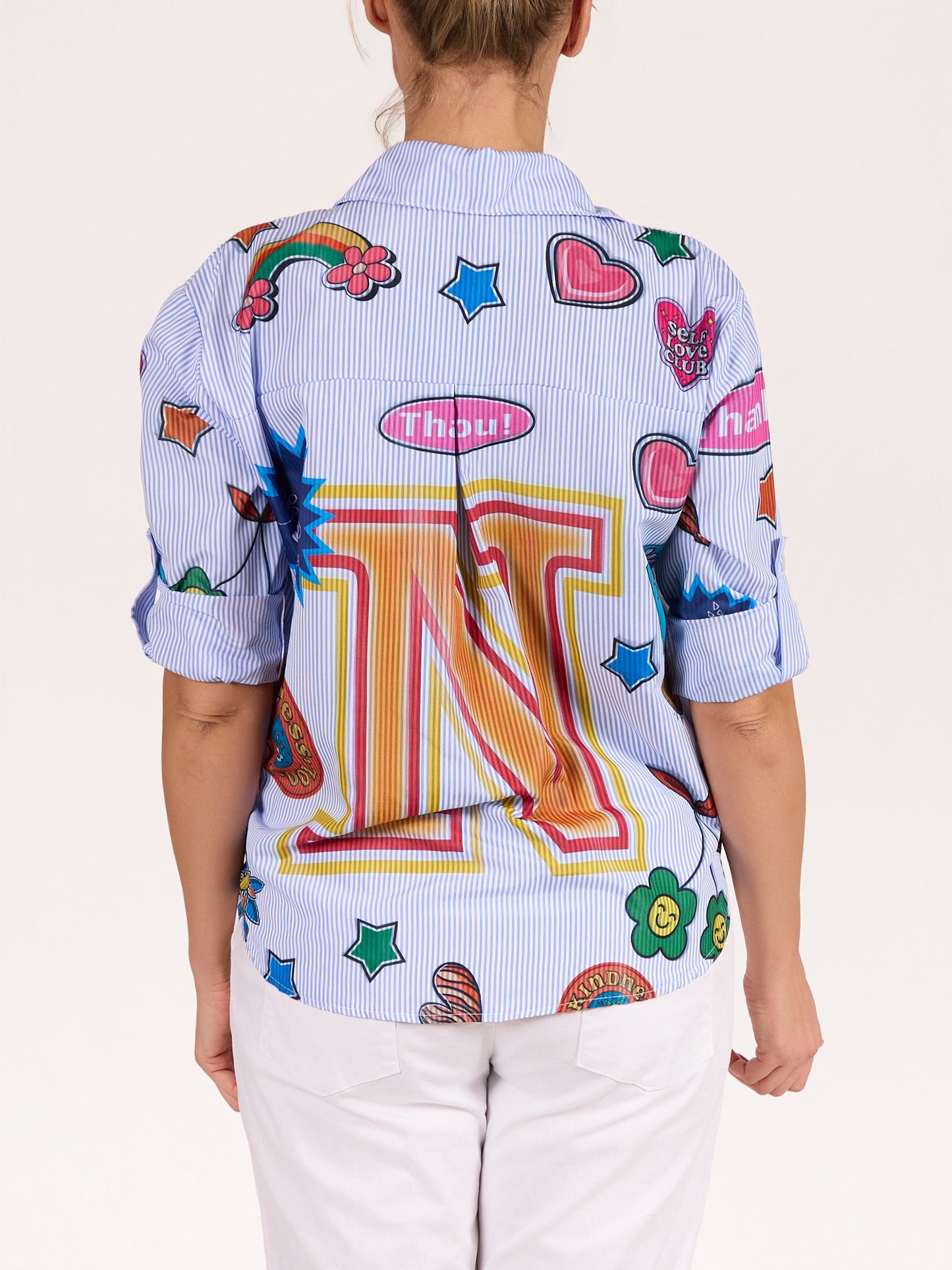 Blue Button Front Hi Low Multi Daisy/Letters Stripe Shirt