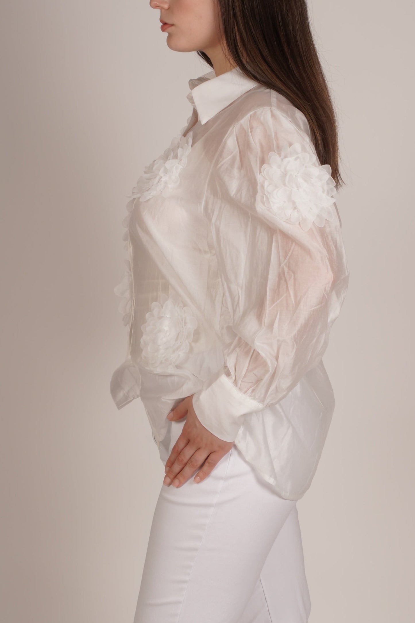 White Button-Up Blouse with Fabric Flower Detailing
