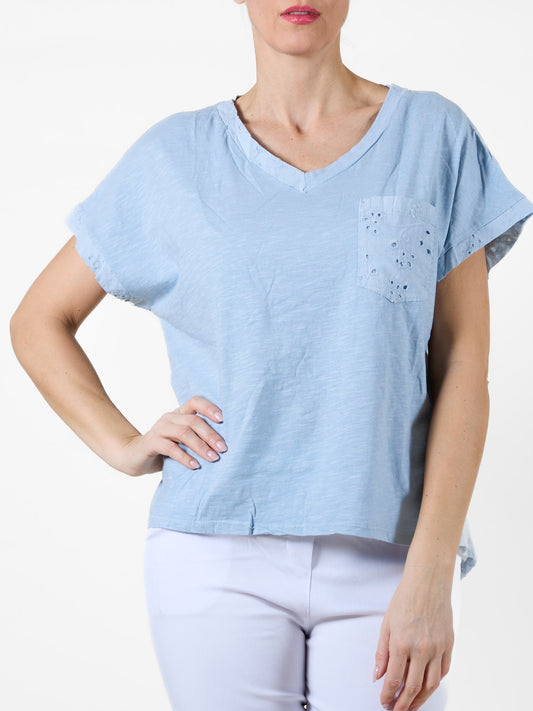 Airy blue T-Shirt with Floral Embroidered Pocket and Eyelet Back Panel