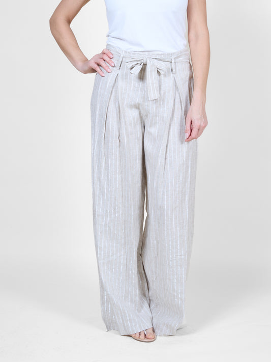 Oatmeal Melange Wide Leg Pants with Metallic Stripes and Tie Belt