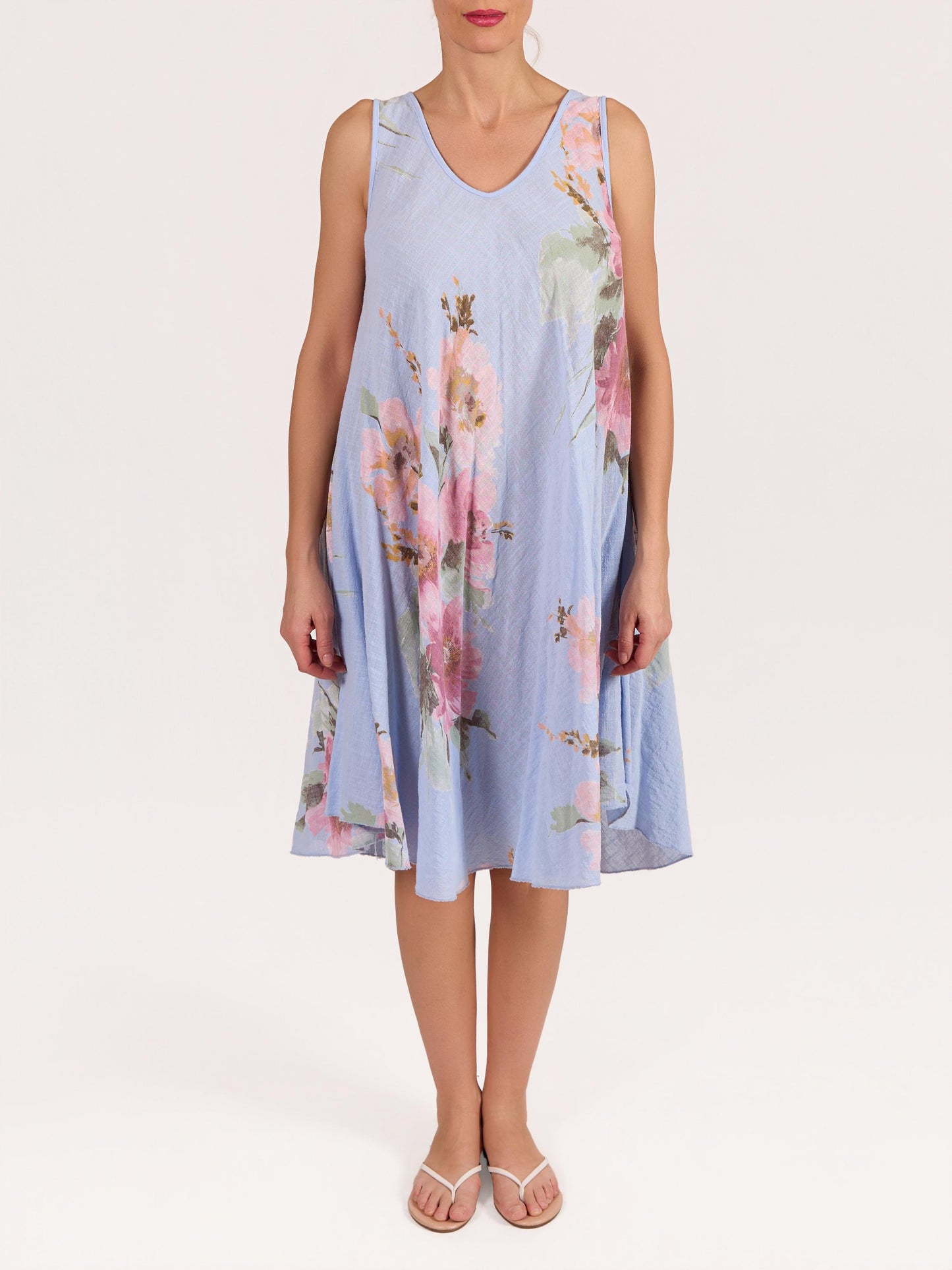 Blue Sleeveless Flare A-Line Floral Print Dress