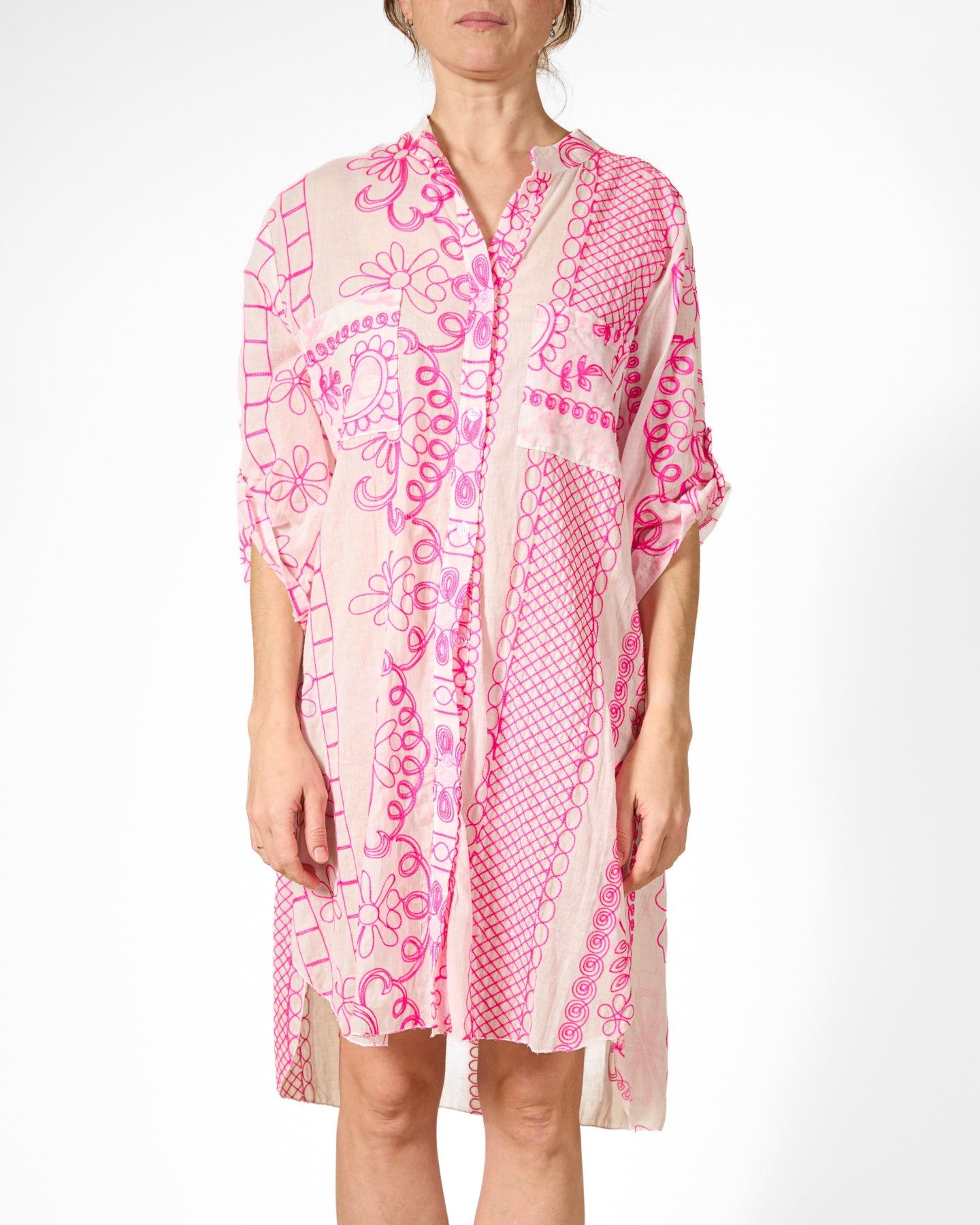 Cherry Button Front Roll Up Sleeve Emb. Top