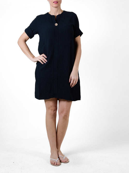 Black Cotton Dress with 3/4 Sleeves and Wooden Button Detail